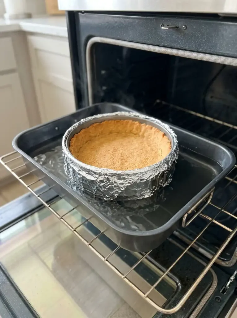 Foil-wrapped springform pan in a roasting pan with hot water halfway up its sides.