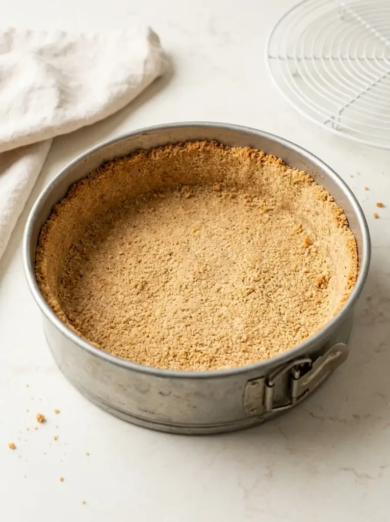 Pre-baked biscuit crumb crust pressed across the base and sides of a springform pan.