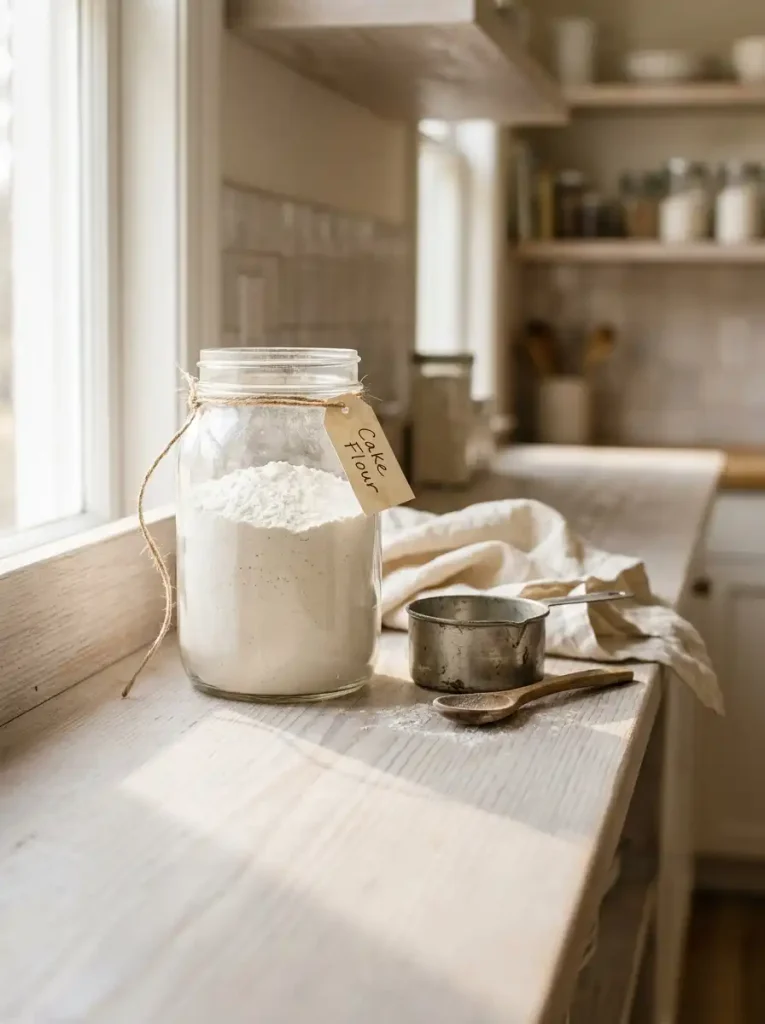 Glass jar of cake flour with a handwritten label on a wooden shelf beside a measuring cup