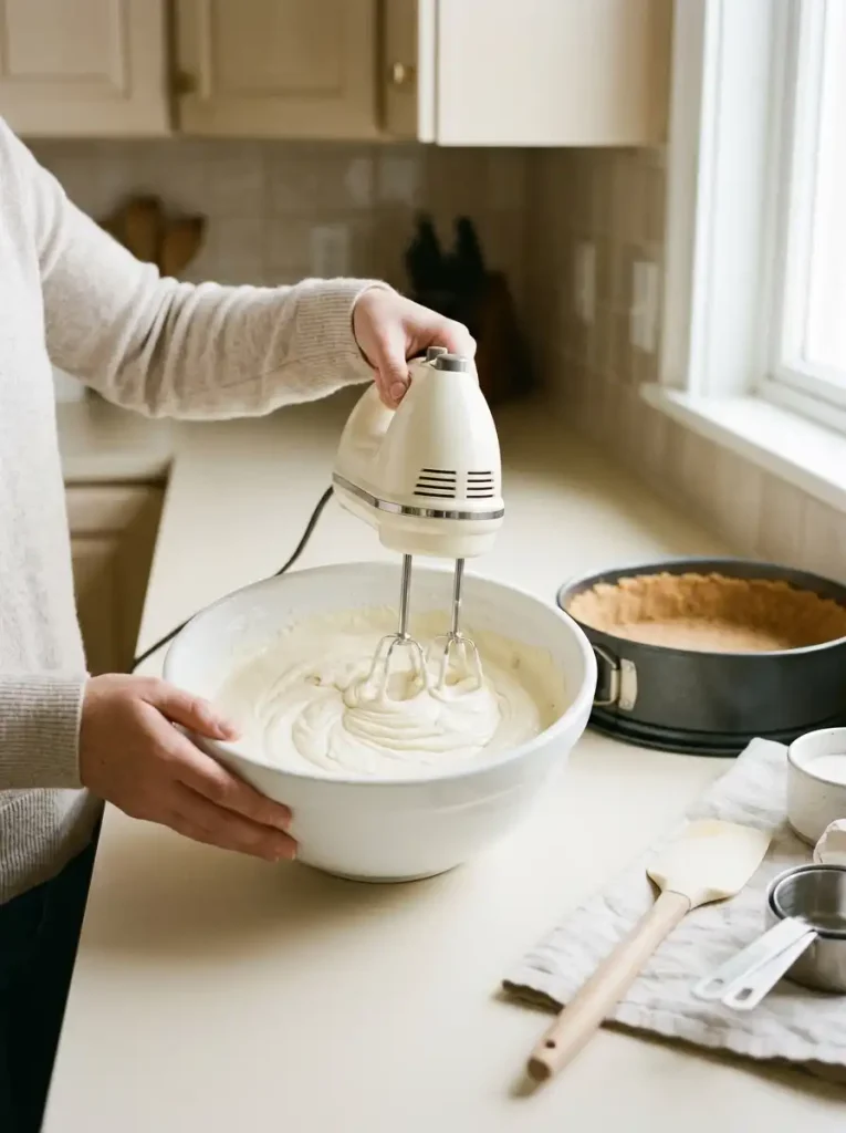 Smooth cheesecake filling being mixed gently at low speed in a bowl.