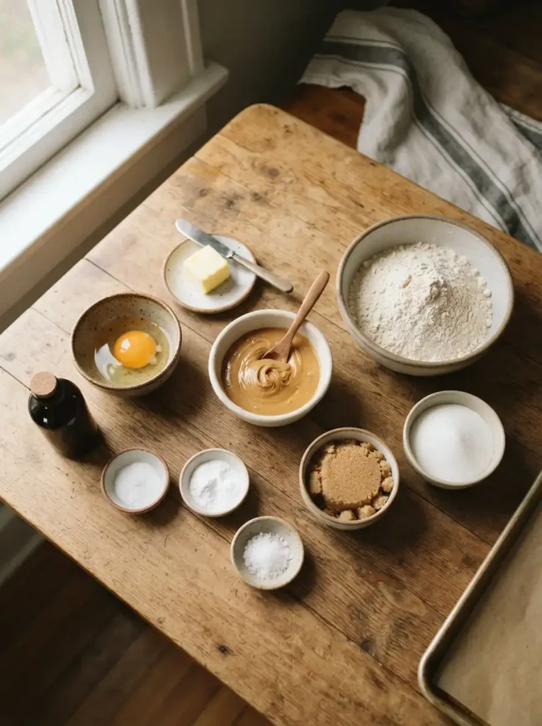 Peanut butter, gluten-free flour, sugars, butter, egg, and vanilla arranged in small bowls.