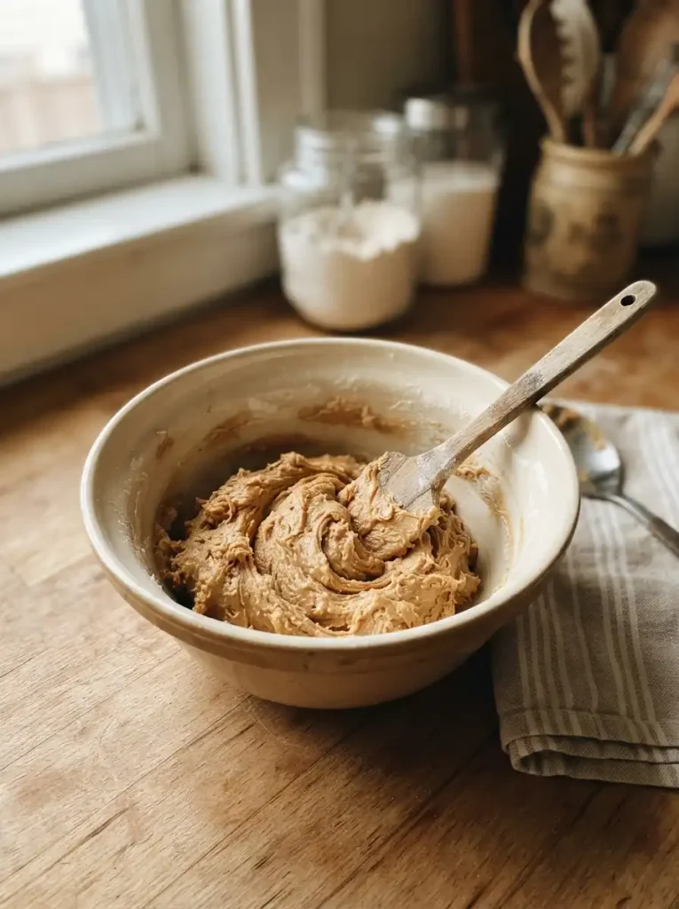 Thick peanut butter cookie dough in a ceramic mixing bowl with a wooden spatula.