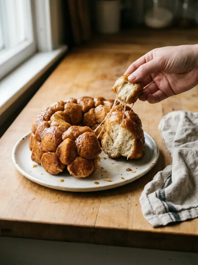 A piece of warm monkey bread pulled apart to show its soft center and cinnamon-sugar layers.monkey bread recipe