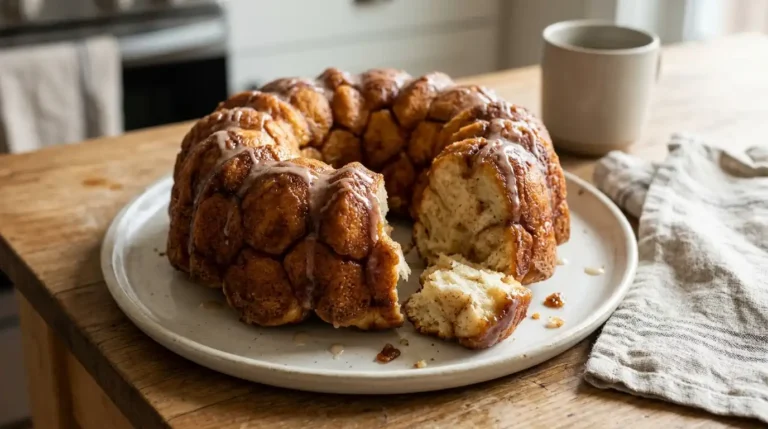 Golden cinnamon-sugar monkey bread on a serving plate, showing its pull-apart pieces.