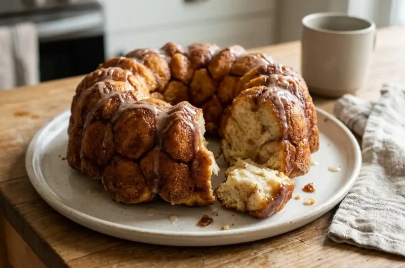 Golden cinnamon-sugar monkey bread on a serving plate, showing its pull-apart pieces.