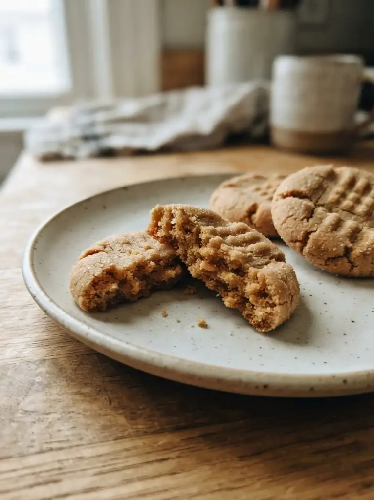 A peanut butter cookie broken in half, showing its soft center beside whole cookies.