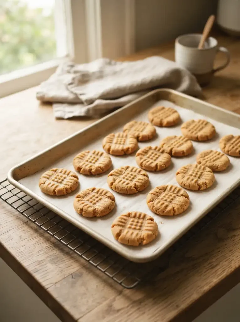 Golden fork-marked peanut butter cookies cooling on a parchment-lined baking sheet.gluten free peanut butter cookies