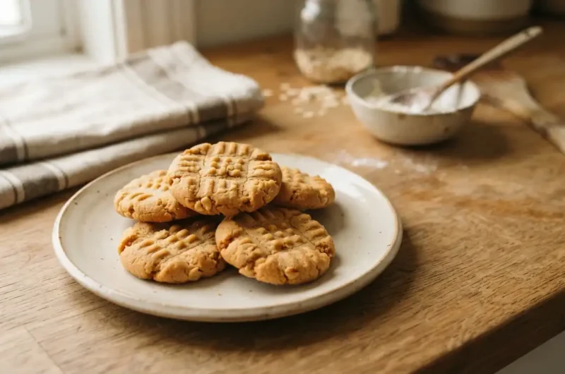 Golden peanut butter cookies stacked on a small ceramic plate with fork-patterned tops.