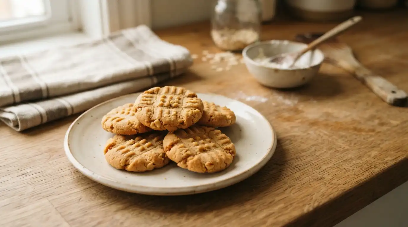 Golden peanut butter cookies stacked on a small ceramic plate with fork-patterned tops.