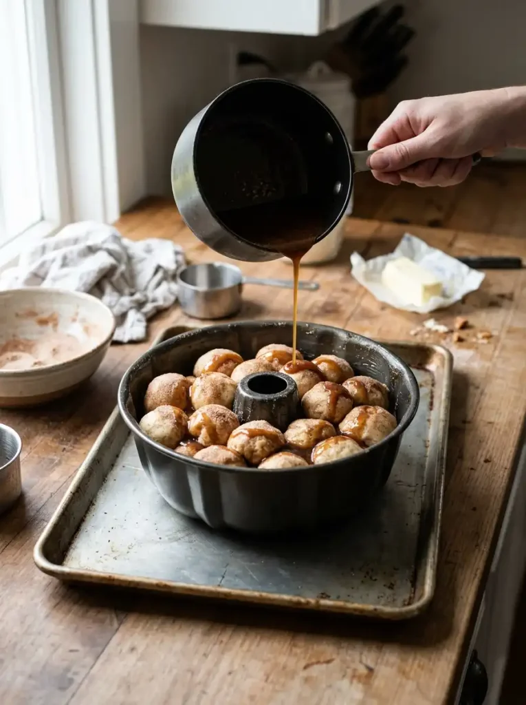 Puffy cinnamon-sugar dough balls in a Bundt pan as warm brown-sugar sauce is poured over them.