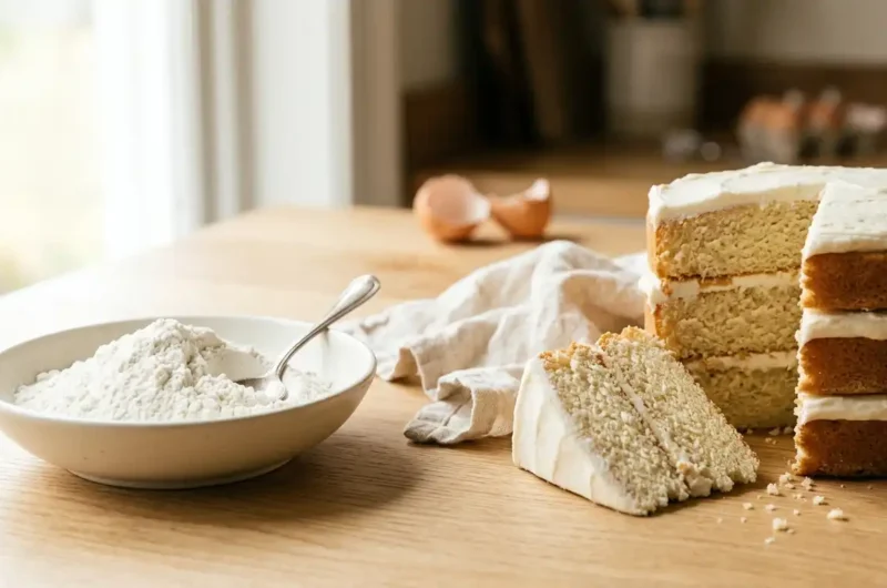 Vanilla layer cake with a bowl of cake flour and a spoon on a light oak table