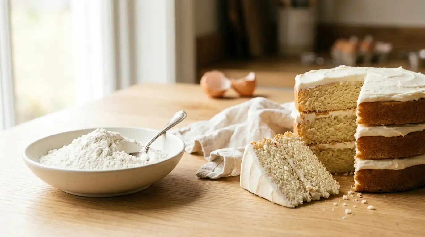 Vanilla layer cake with a bowl of cake flour and a spoon on a light oak table