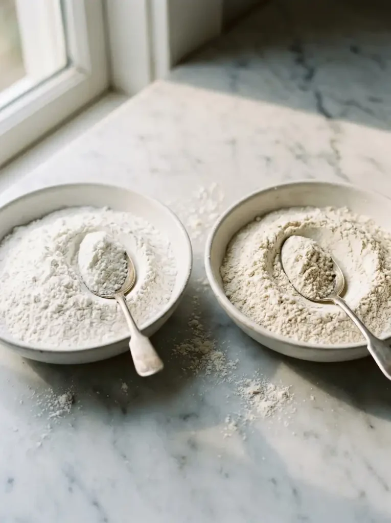 Two bowls side by side showing fine white cake flour and coarser all-purpose flour
