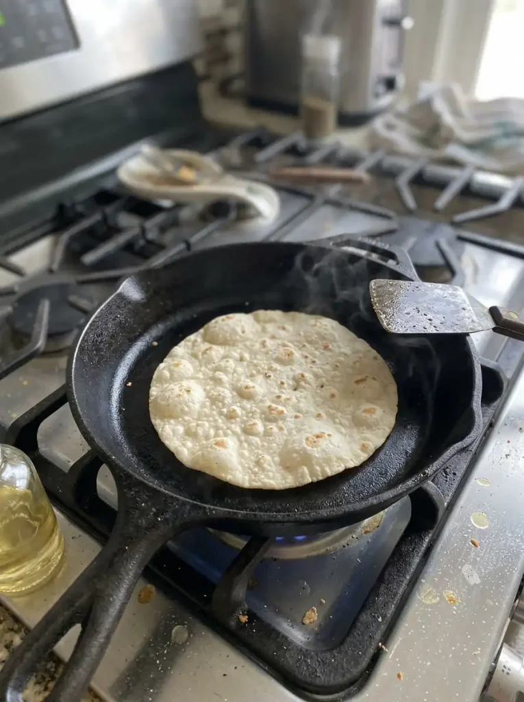 Gluten free tortilla puffing in a cast iron skillet with light brown spots