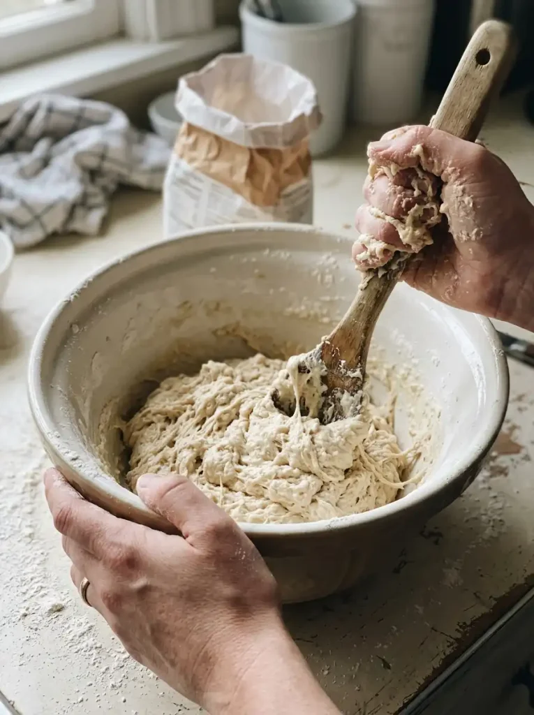Mixing gluten free tortilla dough in a bowl until soft and slightly tacky
