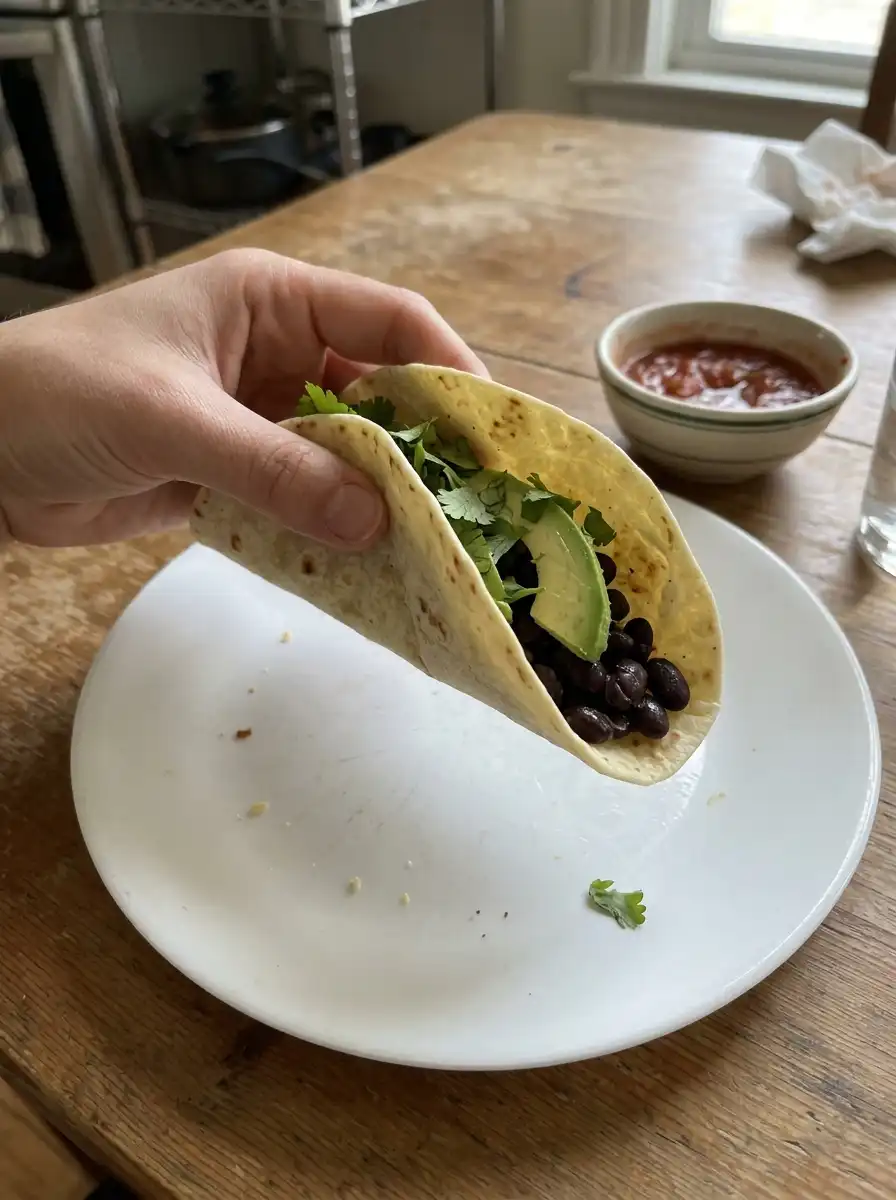 Folded gluten free tortilla filled with beans and avocado without cracking
