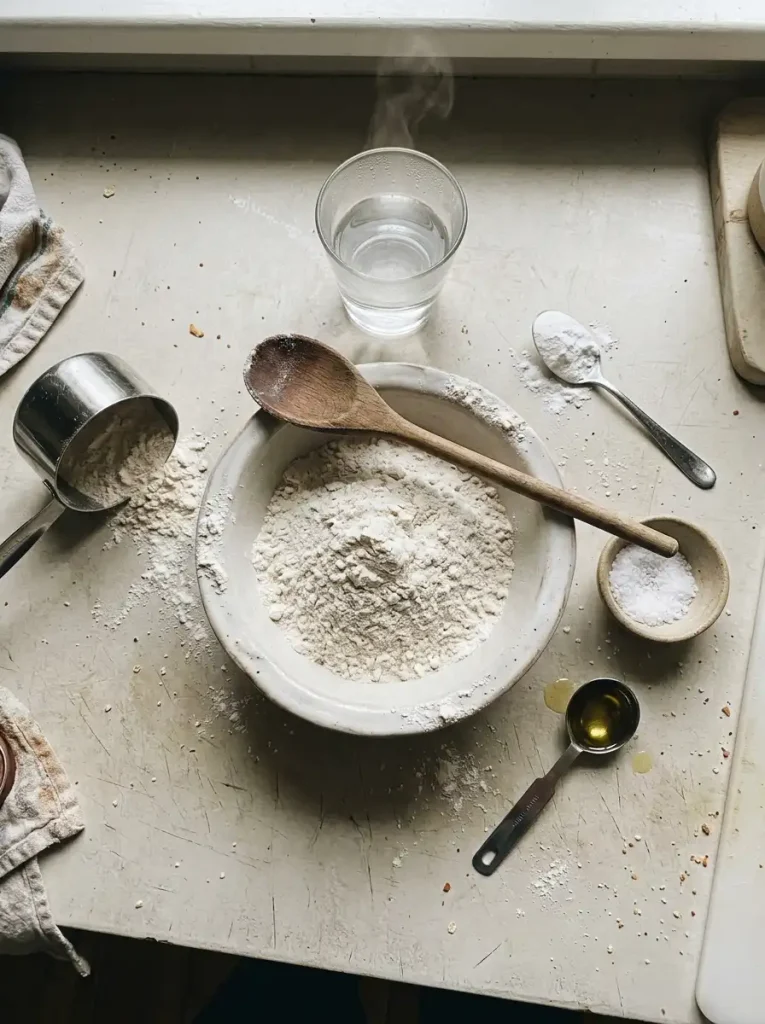 Ingredients for gluten free tortillas including flour blend, warm water, salt, baking powder and oil