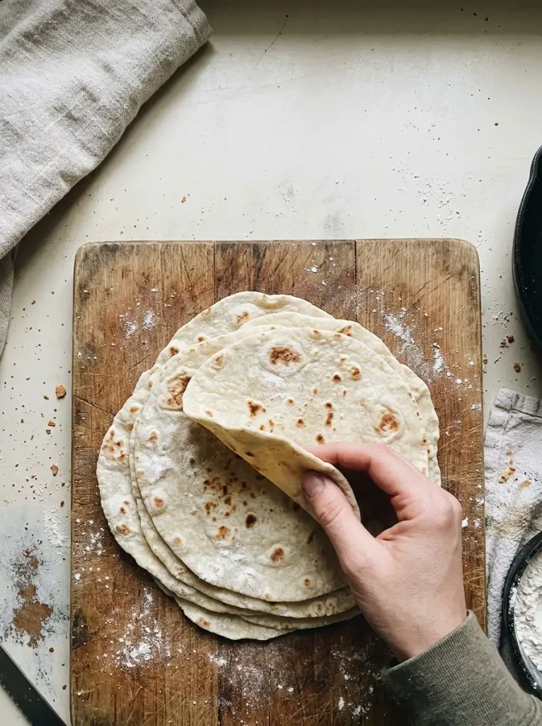 Soft gluten free tortillas stacked on a wooden board, top tortilla being pulled out