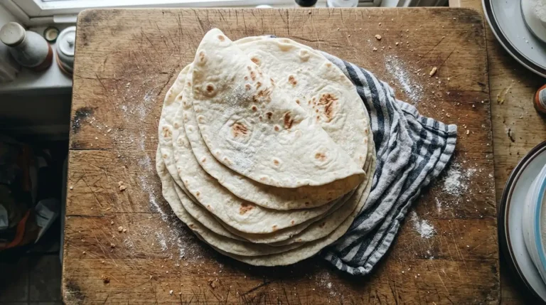 Stack of soft gluten free tortillas on a wooden board with the top one folded to show it does not crack