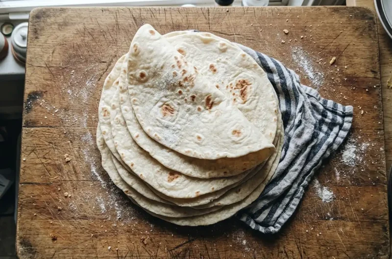 Stack of soft gluten free tortillas on a wooden board with the top one folded to show it does not crack