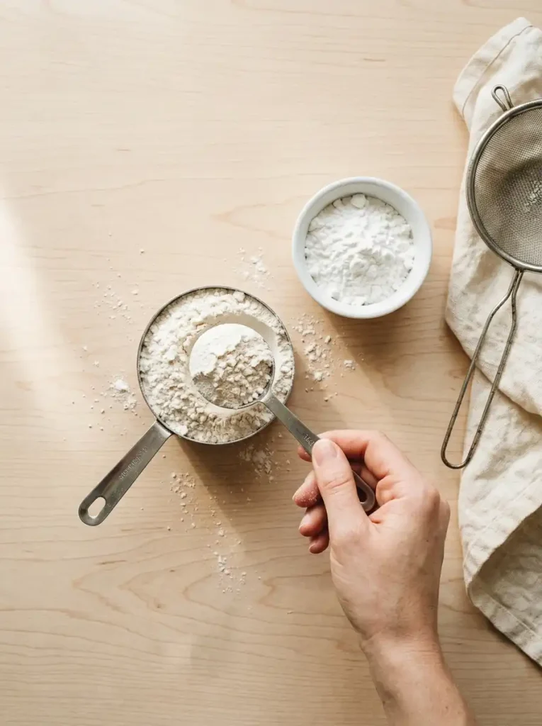 Measuring cup of all-purpose flour with two tablespoons removed, next to a bowl of cornstarch