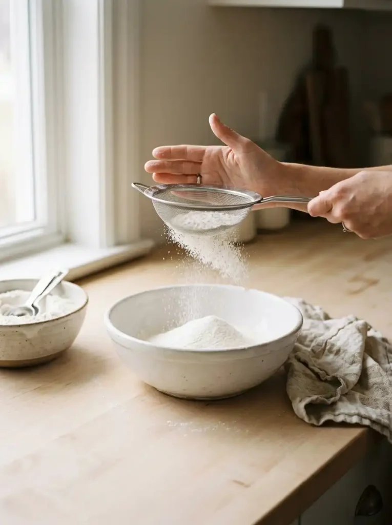 Sifting flour and cornstarch through a fine mesh sieve into a white bowl