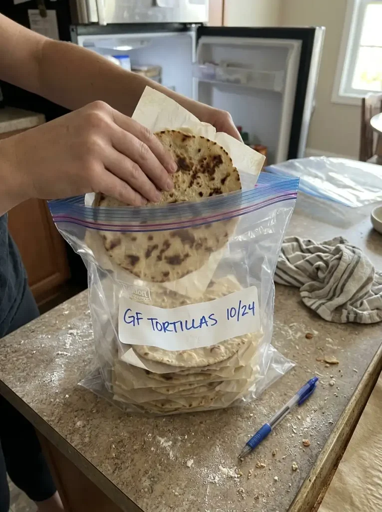Stacking gluten free tortillas with parchment paper between them in a freezer bag for storage