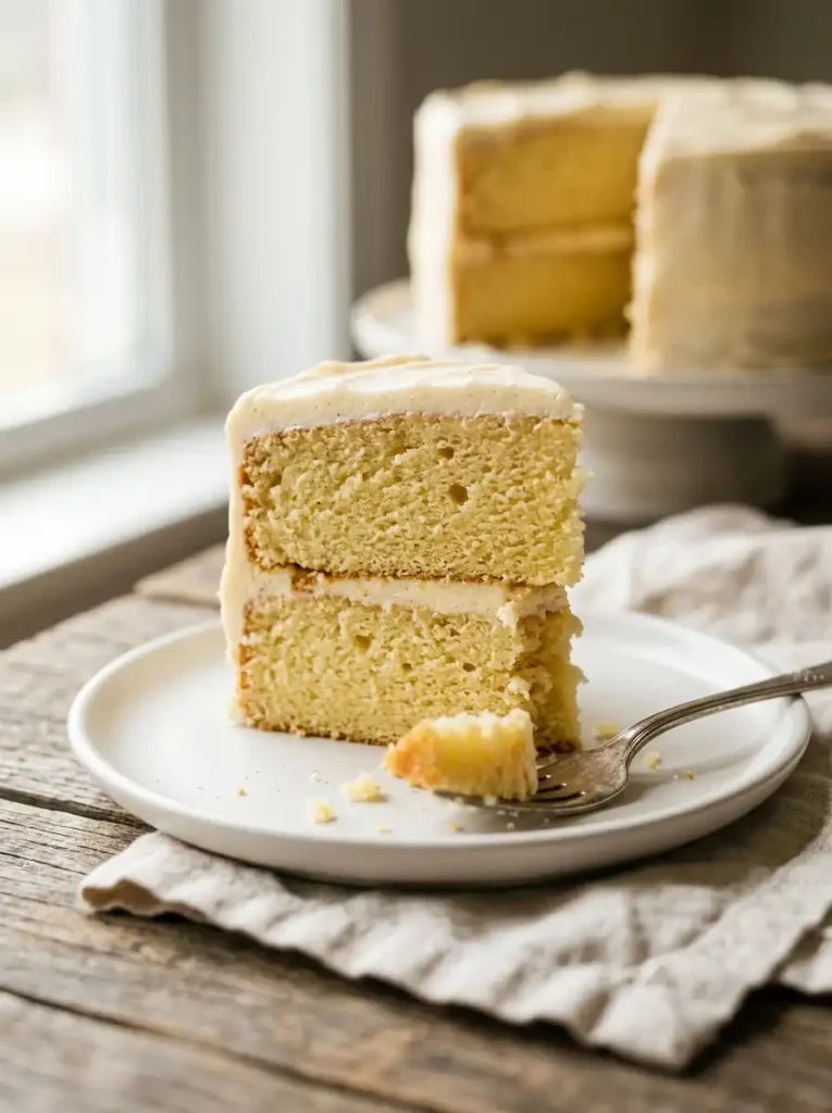 A slice of tender vanilla cake with a fork showing a fine, light crumb